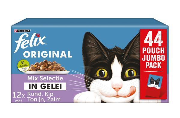 Felix pouch original in gelei mix box rund / kip / tonijn / zalm kattenvoer